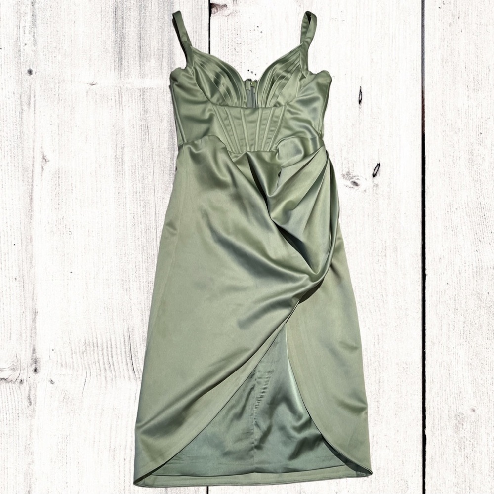 House of CB Olive Green Satin Draped Midi Dress
